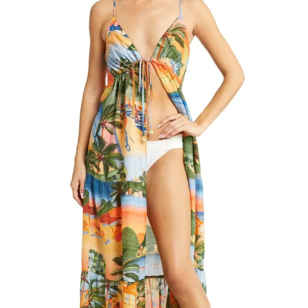 New Farm Rio Carioca Metallic Stripe Swim Beach Cover-Up Maxi Dress Medium NWT - Picture 3 of 12